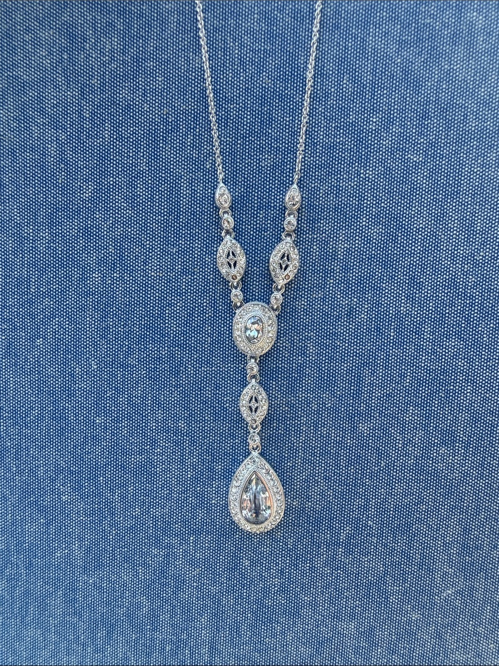 Vintage NV 925 Sterling Silver Diamonique Teardrop Y Drop Necklace